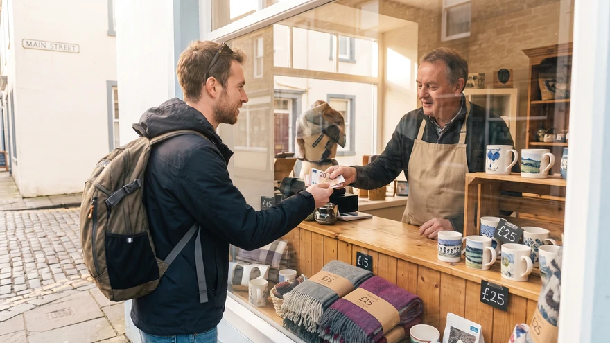 Tourist paying with euro cash at a Main Street shop counter in Gibraltar