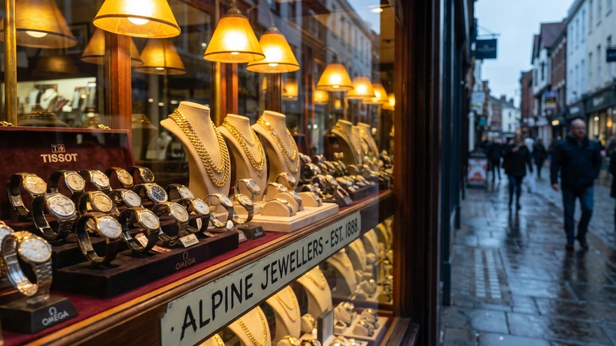 Jewelry shop window displaying Swiss watches and gold chains on Main Street