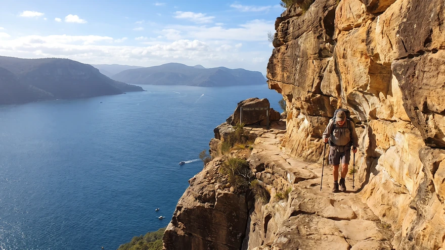 Hiker climbing the Mediterranean Steps trail with views across the Strait toward Morocco