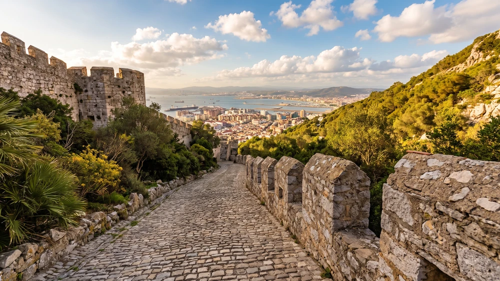 Paved descent path past the Moorish Castle walls leading down toward Gibraltar city