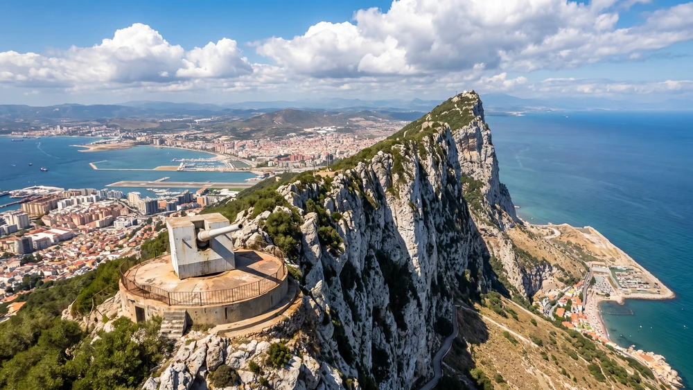 O'Hara's Battery gun at the summit of the Rock of Gibraltar with panoramic views of the coastline