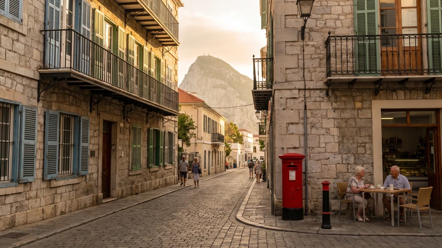 Old town street in Gibraltar blending British and Spanish architectural details
