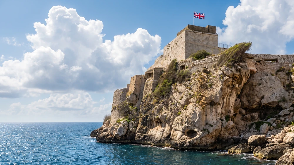 Parson's Lodge Battery fortification perched on a limestone cliff above Rosia Bay, Gibraltar