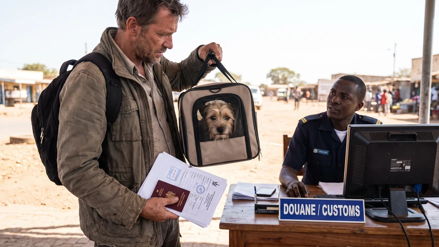 Traveler with a dog in a carrier presenting pet travel documents at the Gibraltar border