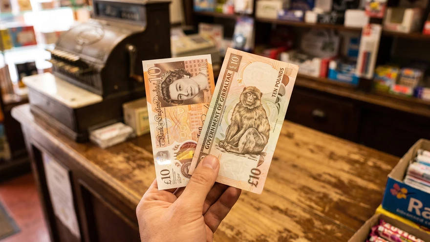 Gibraltar pound banknote featuring a Barbary macaque design beside a UK sterling banknote