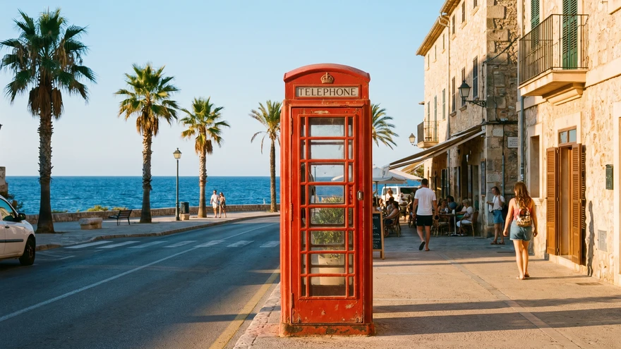 Red British telephone box on a sunny coastal street in Gibraltar