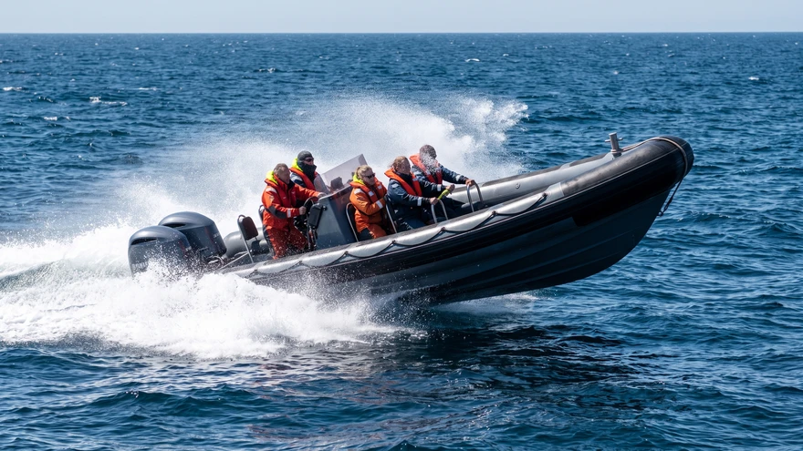 Rigid hull inflatable boat speeding across open water with spray from the bow