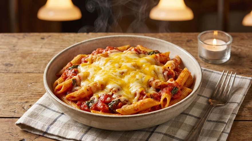 Plate of rosto pasta topped with melted Edam cheese in Gibraltar