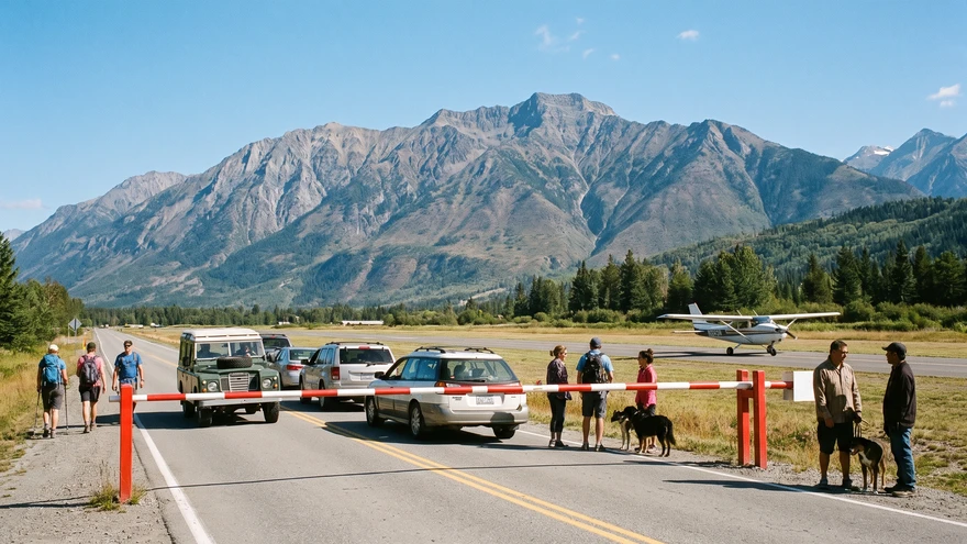 Barrier gate closed across Winston Churchill Avenue as it crosses the airport runway