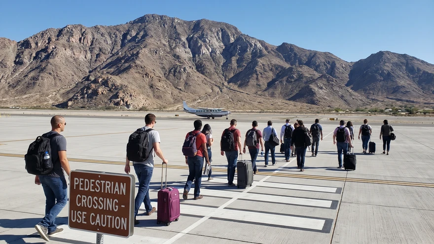 Pedestrians crossing the active runway of Gibraltar International Airport with the Rock rising behind them