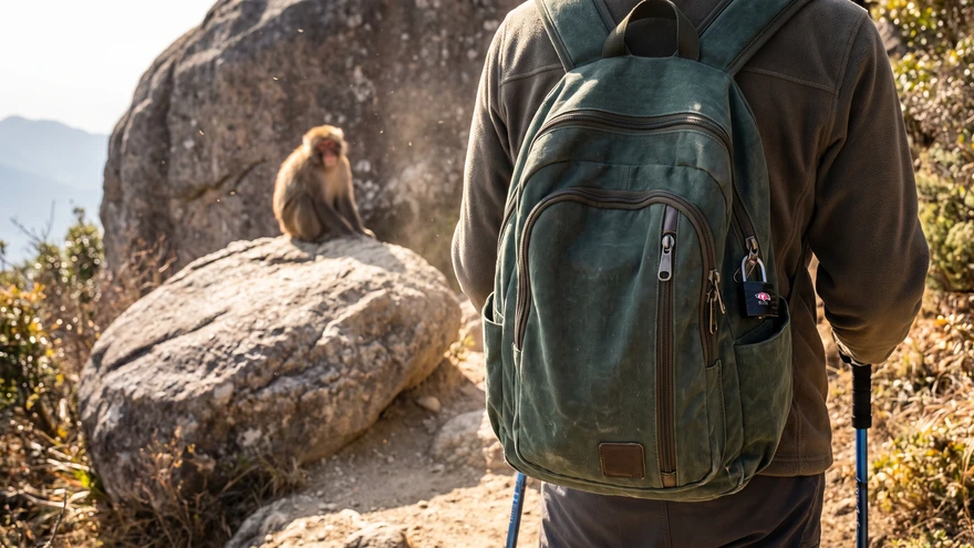 Hiker with a securely zipped backpack keeping a safe distance from a watching macaque