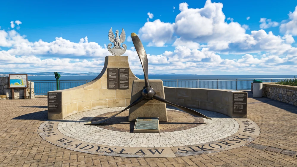 General Sikorski Memorial propeller monument overlooking the sea at Europa Point, Gibraltar