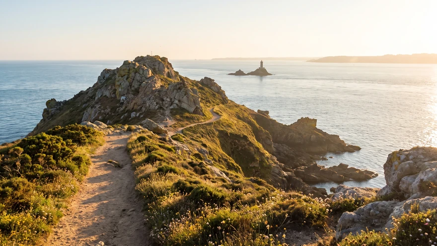 Quiet rocky headland with a lighthouse overlooking the strait in late afternoon light