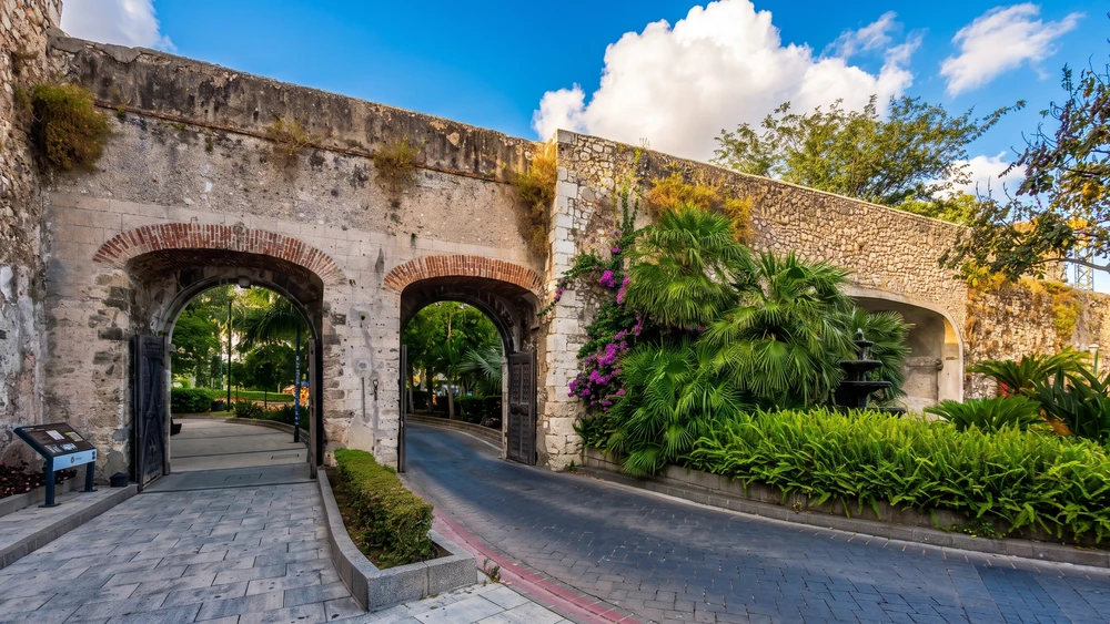 The twin stone archways of the Southport Gates set into Gibraltar's Charles V Wall