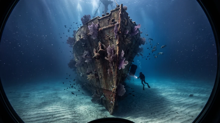 Intact bow of the SS Rosslyn shipwreck covered in purple gorgonian coral on the seabed