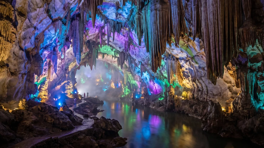 Illuminated stalactites inside St Michael's Cave during the light and sound installation