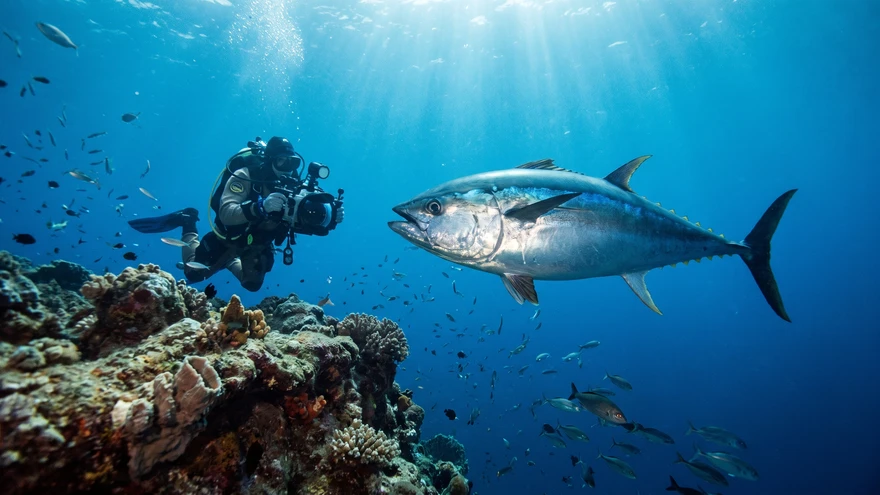 Diver observing an Atlantic bluefin tuna in the open water of the Strait of Gibraltar