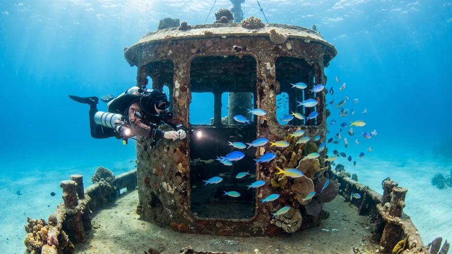 Diver swimming through the bridge of the Sun Swale tugboat wreck surrounded by damselfish