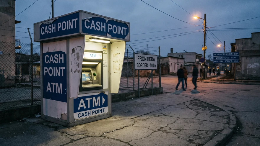 Unbranded standalone ATM machine near the Gibraltar border area