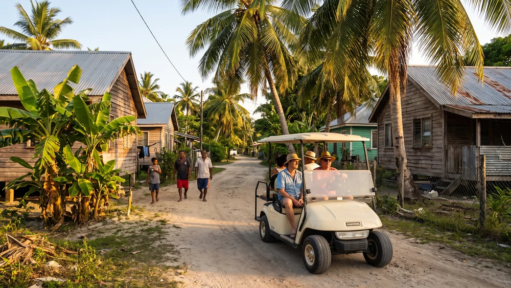 Electric golf buggy driving through a Home Island residential lane