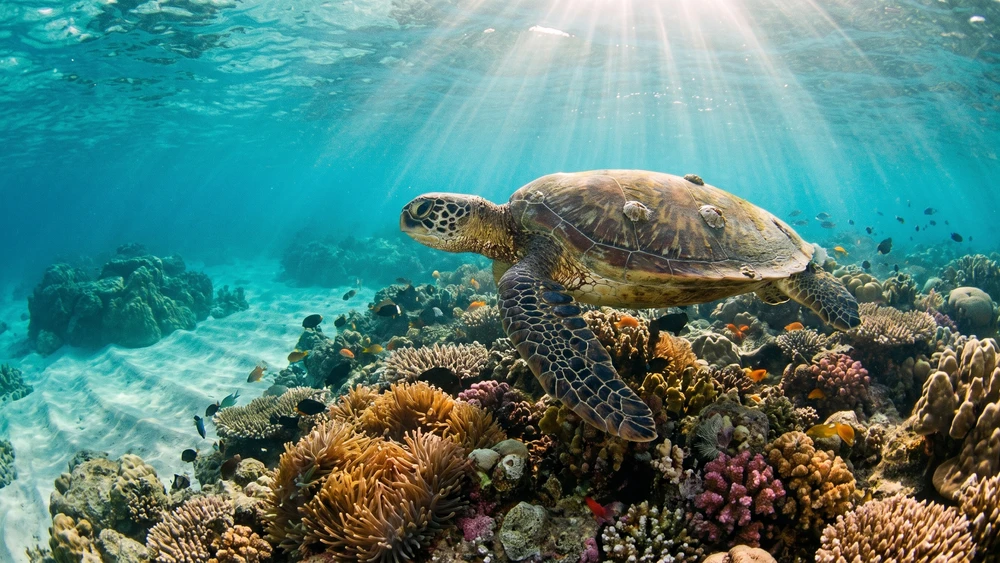 Green sea turtle over a coral garden in crystal clear water