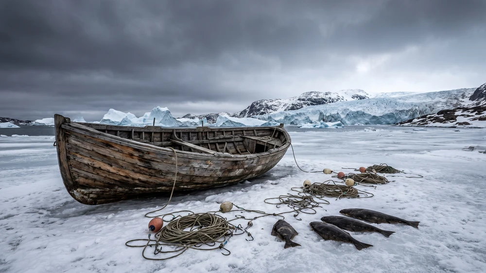 Longline halibut fishing gear set on the sea ice near a remote Greenland settlement