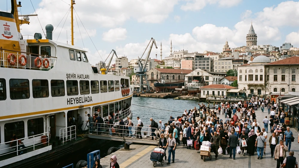 A Sehir Hatlari ferry docked at Eminonu on the Golden Horn ferry line to Fener and Balat