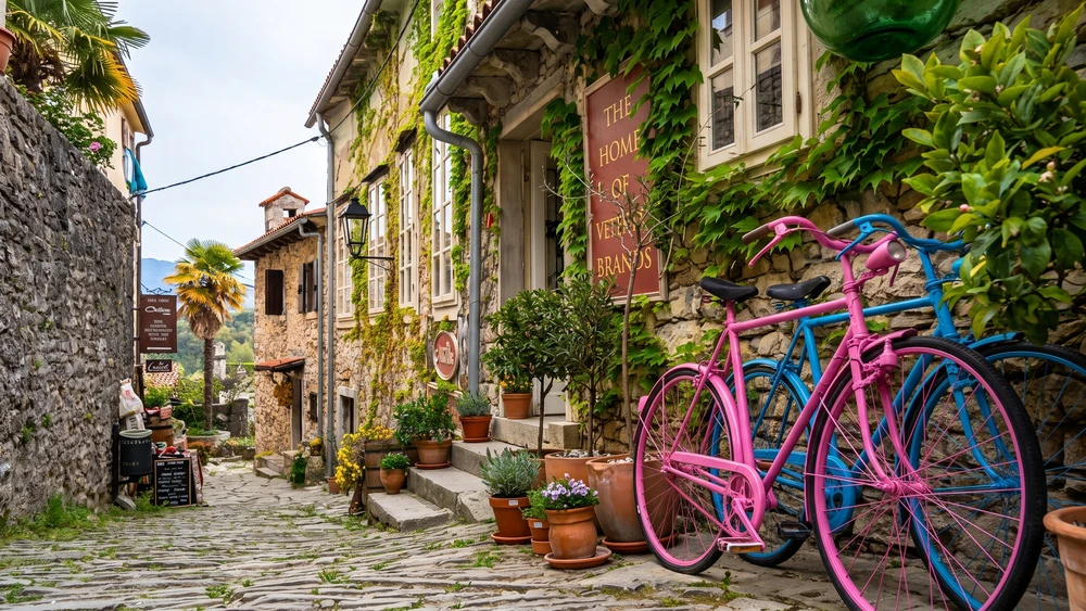 Cobblestone alley in Hum lined with ivy-covered stone houses and two colorful bicycles parked outside a shop.