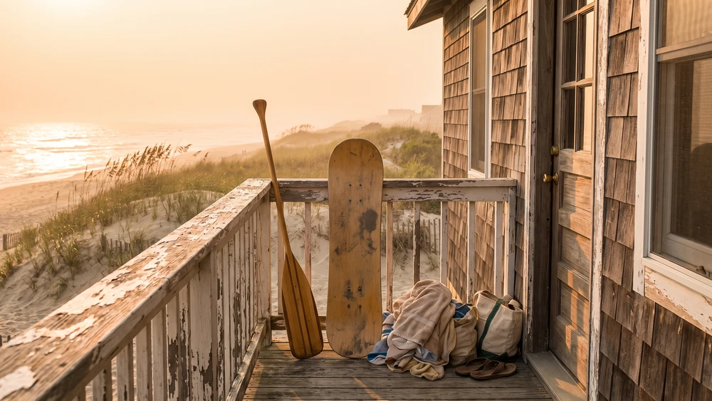 Porch of a self-catering cottage near Kasouga with a canoe paddle and sandboard leaning against the railing