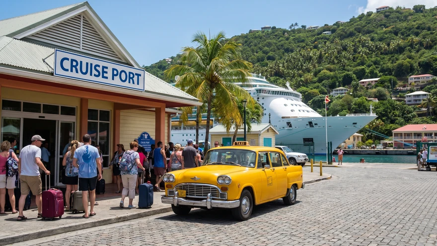 Taxi waiting near the Kingstown cruise terminal at the base of a steep hillside