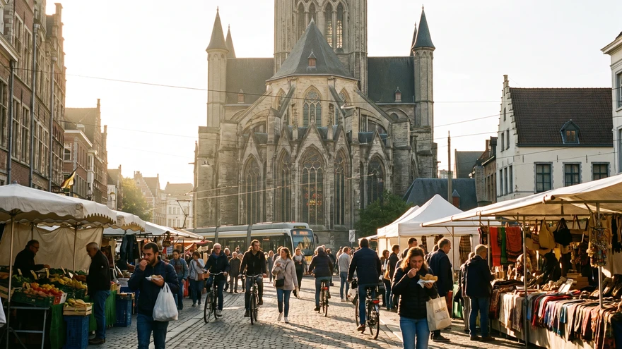 Historic stone cathedral seen from a busy Kingstown market street