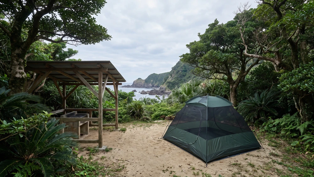 Small designated campsite near Yudomari on Kodakarajima island
