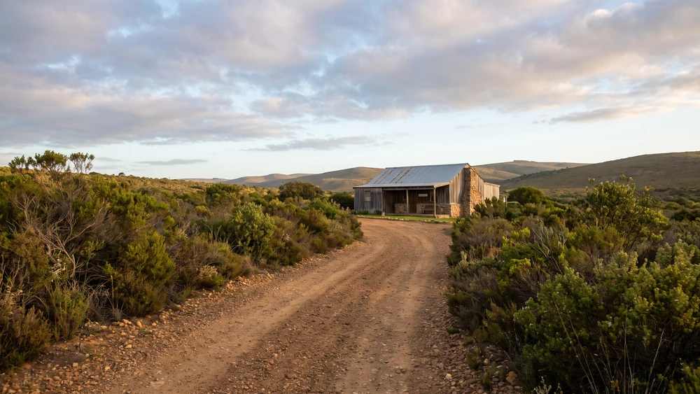 Gravel access road leading to the Kogelberg Nature Reserve reception and trailhead parking