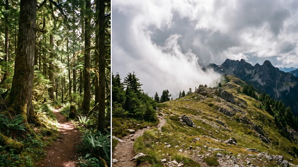 Hiking trail crossing from shaded montane forest into exposed high mountain terrain in Kogelberg Nature Reserve