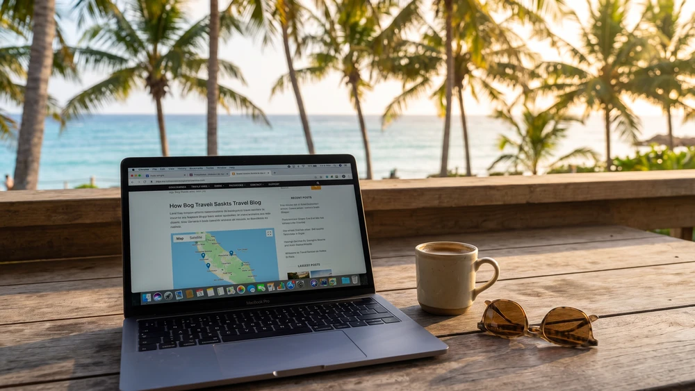 Laptop set up for remote work on a tropical veranda