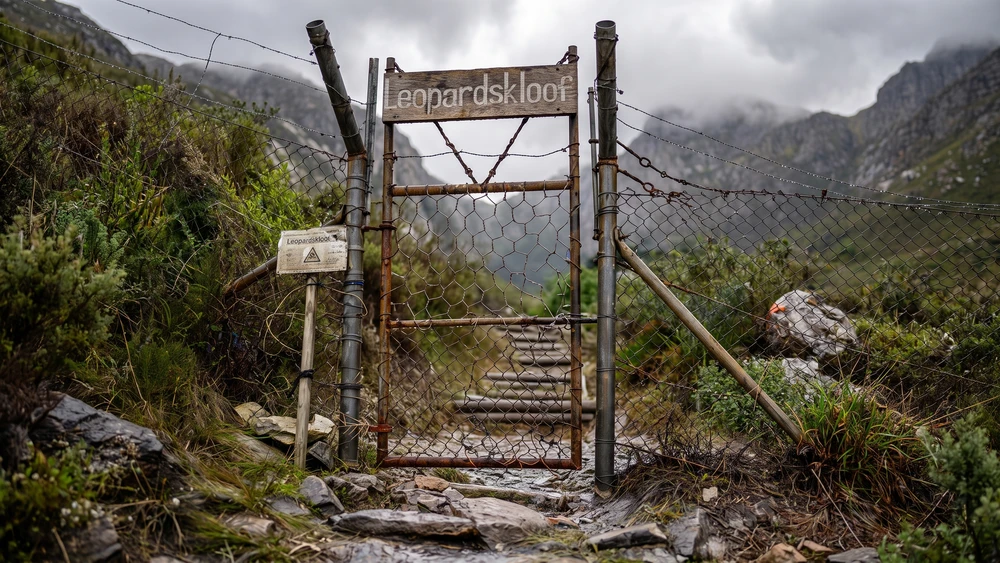 Locked metal gate at the forest entrance to the Leopard's Kloof trail in Harold Porter Botanical Garden