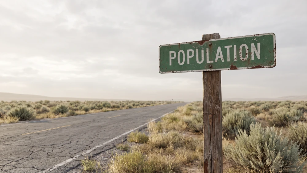 The green population road sign along the highway in Lost Springs, Wyoming