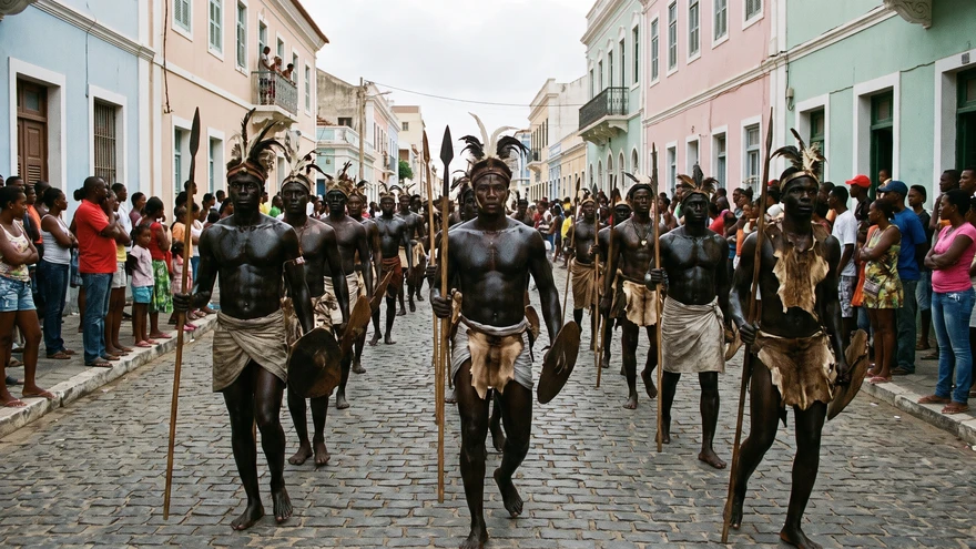 Mandinga procession participants with black oil body paint marching through Mindelo streets