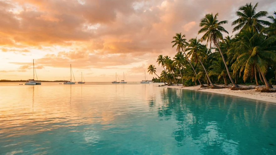 Calm west-facing bay with flat turquoise water and palm-lined shore in the Grenadines