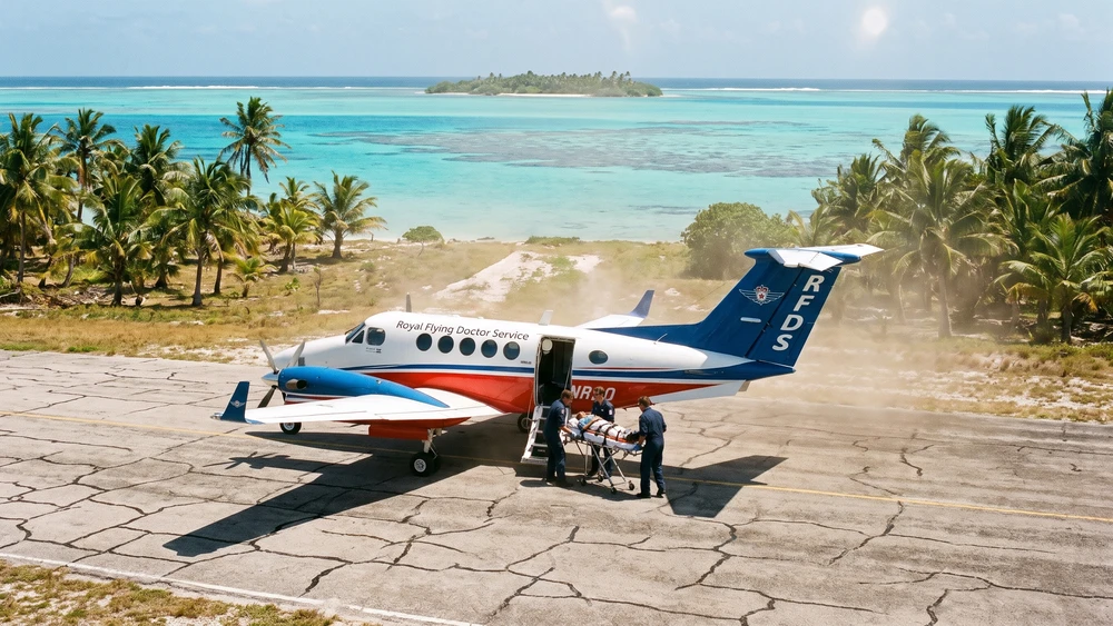 Air ambulance plane on a remote tropical airstrip ready for medical evacuation