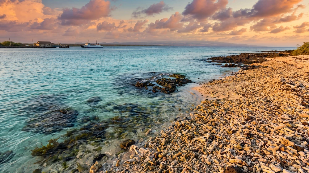 Melones Beach in Culebra at late afternoon with submarine rock formations visible in the shallow water