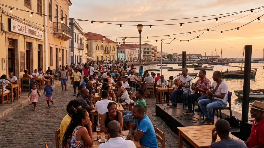 Waterfront evening scene in Mindelo, Sao Vicente, with locals gathered for live acoustic music
