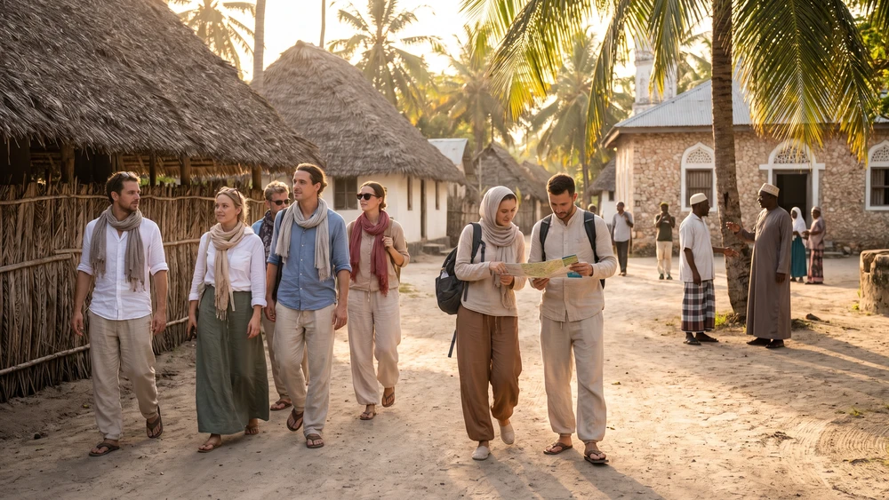 Visitors dressed modestly while walking through the traditional village