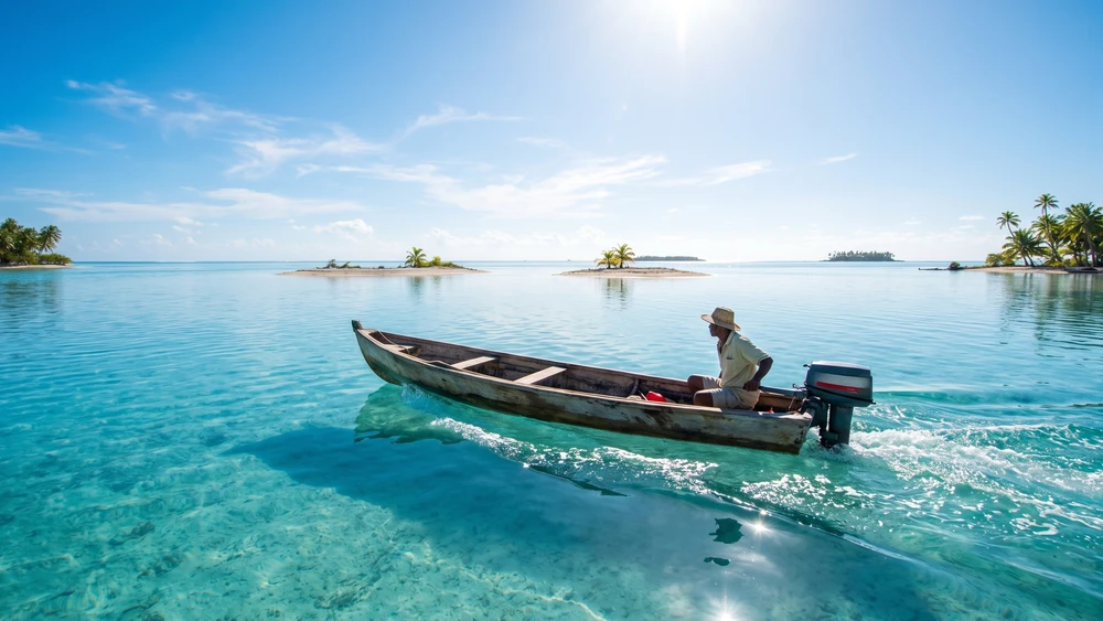 Traveler piloting a small motorized canoe across a turquoise lagoon