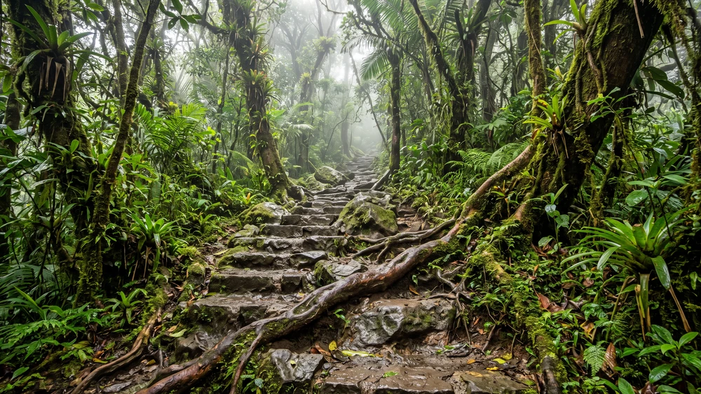 Stone steps ascending through cloud forest on the Mount Scenery trail in Saba