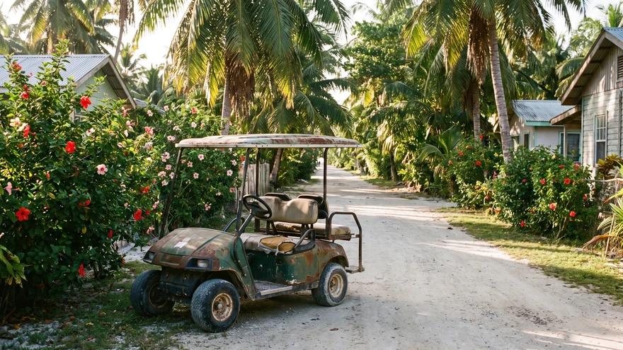 Golf cart style mule parked on a quiet tropical road on a private Caribbean island