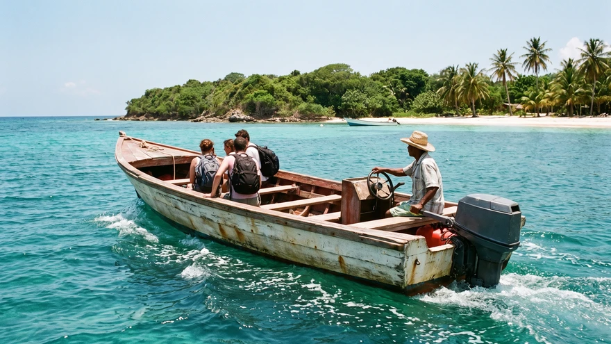 Small boat crossing open water toward Mustique's coastline under bright Caribbean sun