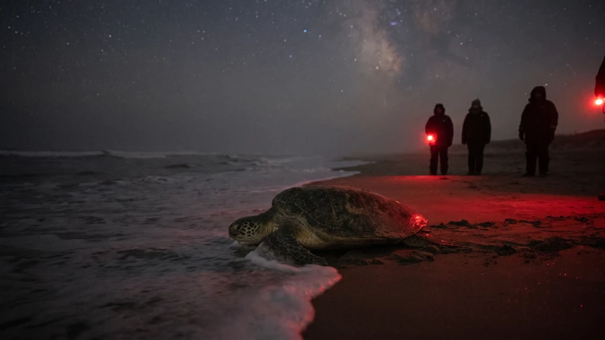 Loggerhead sea turtle nesting on a dark beach lit only by red infrared torchlight