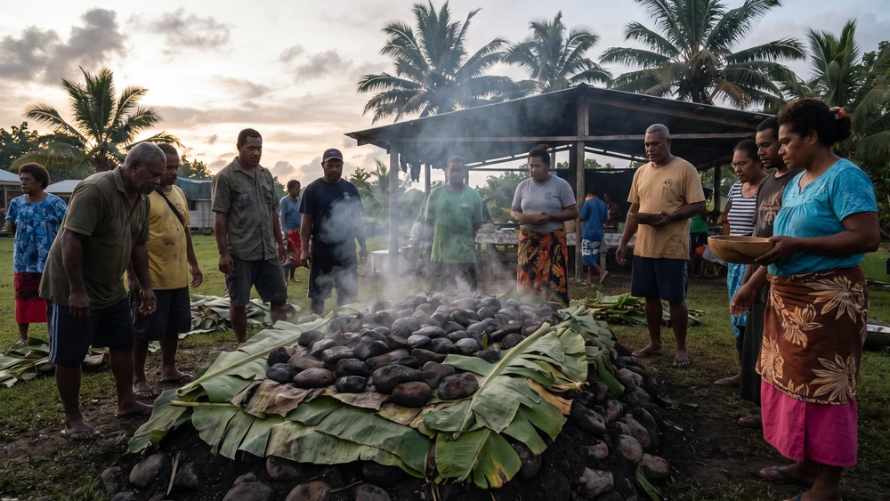 Traditional ahima'a dirt oven feast on Norfolk Island