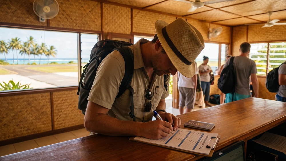 Traveler completing an arrival passenger card for Norfolk Island